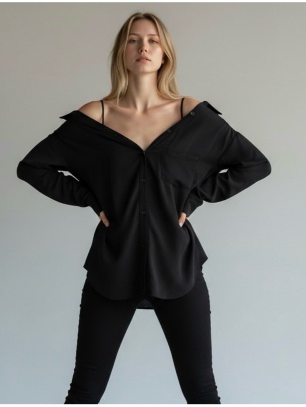 Theory Tamalee Classic 100% Silk Button Down Off The Shoulders Medium Black